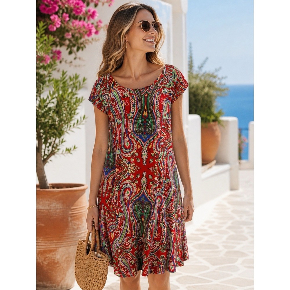LRL Ralph Lauren Paisley Dress L Red Boho Fit & Flare Midi Stretch Preppy